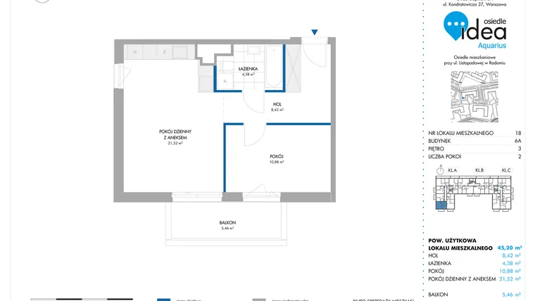Rzut - Mieszkanie na sprzedaż 2 pokoje o powierzchni 45,2 m² - numer 6A/18 w Osiedle Idea Aquarius