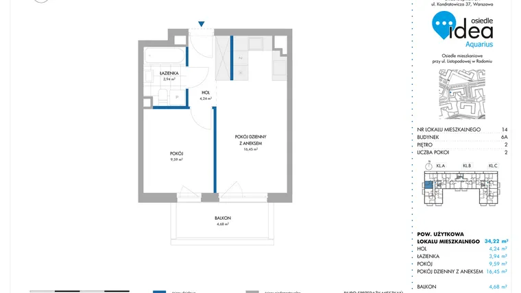 Rzut - Mieszkanie na sprzedaż 2 pokoje o powierzchni 34,22 m² - numer 6A/14 w Osiedle Idea Aquarius
