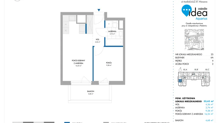 Rzut - Mieszkanie na sprzedaż 2 pokoje o powierzchni 33,62 m² - numer 6A/25 w Osiedle Idea Aquarius