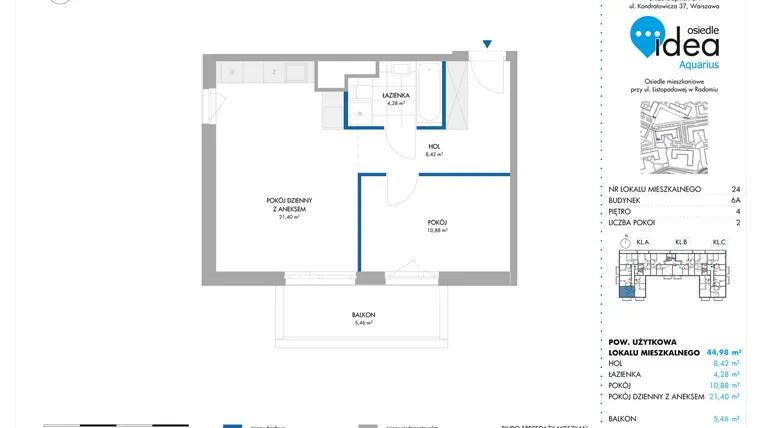 Rzut - Mieszkanie na sprzedaż 2 pokoje o powierzchni 44,98 m² - numer 6A/24 w Osiedle Idea Aquarius