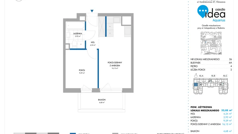 Rzut - Mieszkanie na sprzedaż 2 pokoje o powierzchni 33,88 m² - numer 6A/26 w Osiedle Idea Aquarius