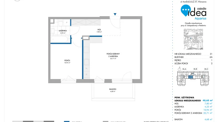 Rzut - Mieszkanie na sprzedaż 2 pokoje o powierzchni 48,68 m² - numer 6A/31 w Osiedle Idea Aquarius