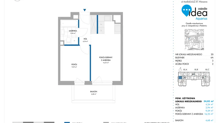 Rzut - Mieszkanie na sprzedaż 2 pokoje o powierzchni 34,02 m² - numer 6A/20 w Osiedle Idea Aquarius