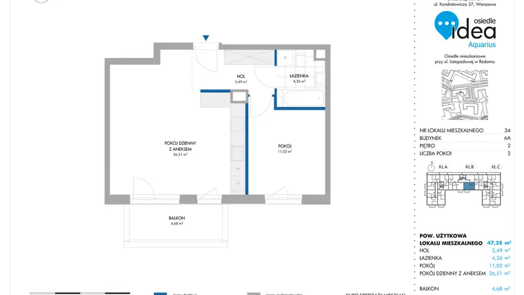 Rzut - Mieszkanie na sprzedaż 2 pokoje o powierzchni 47,28 m² - numer 6A/34 w Osiedle Idea Aquarius