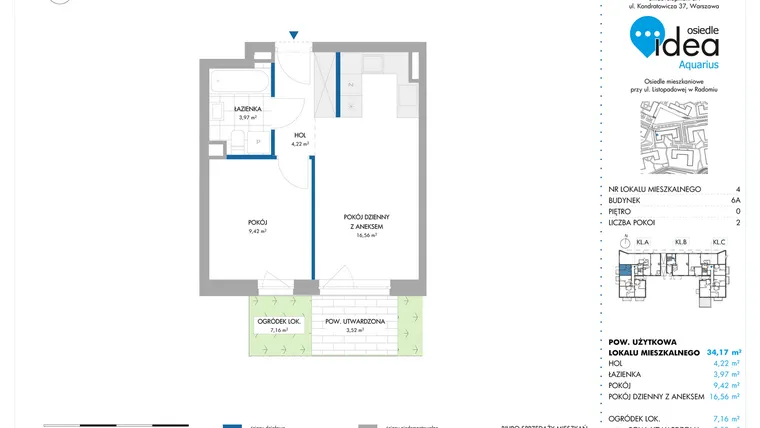 Rzut - Mieszkanie na sprzedaż 2 pokoje o powierzchni 34,17 m² - numer 6A/4 w Osiedle Idea Aquarius