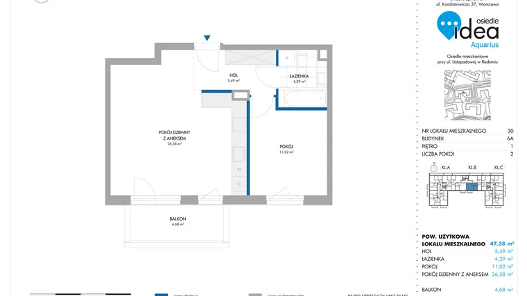 Rzut - Mieszkanie na sprzedaż 2 pokoje o powierzchni 47,38 m² - numer 6A/30 w Osiedle Idea Aquarius