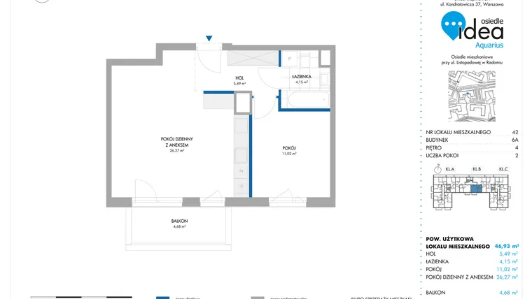 Rzut - Mieszkanie na sprzedaż 2 pokoje o powierzchni 46,93 m² - numer 6A/42 w Osiedle Idea Aquarius