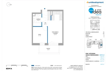 Rzut - Mieszkanie na sprzedaż 2 pokoje o powierzchni 33,99 m² - numer 6A/46 w Osiedle Idea Aquarius