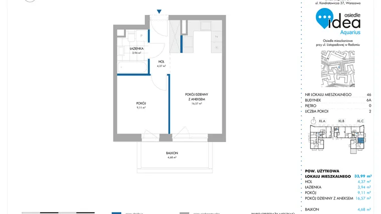 Rzut - Mieszkanie na sprzedaż 2 pokoje o powierzchni 33,99 m² - numer 6A/46 w Osiedle Idea Aquarius