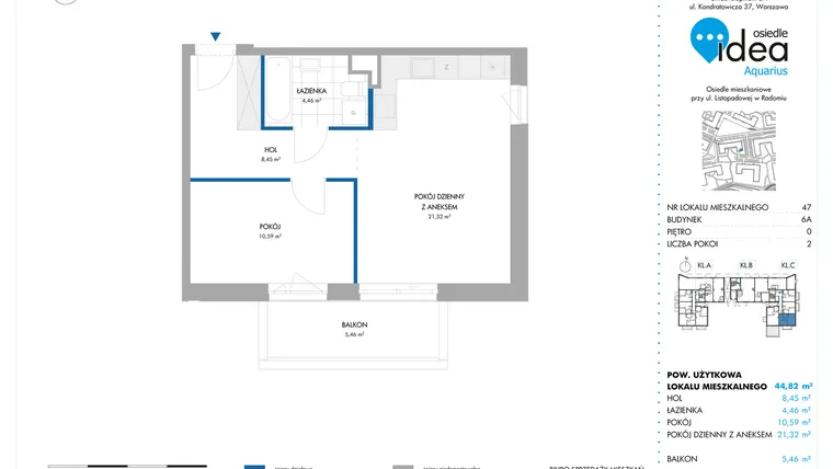 Rzut - Mieszkanie na sprzedaż 2 pokoje o powierzchni 44,82 m² - numer 6A/47 w Osiedle Idea Aquarius
