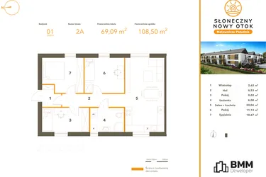 Rzut - Mieszkanie na sprzedaż 4 pokoje o powierzchni 69,09 m² - numer 2A w Słoneczny Nowy Otok - Malownicza Południe etap I