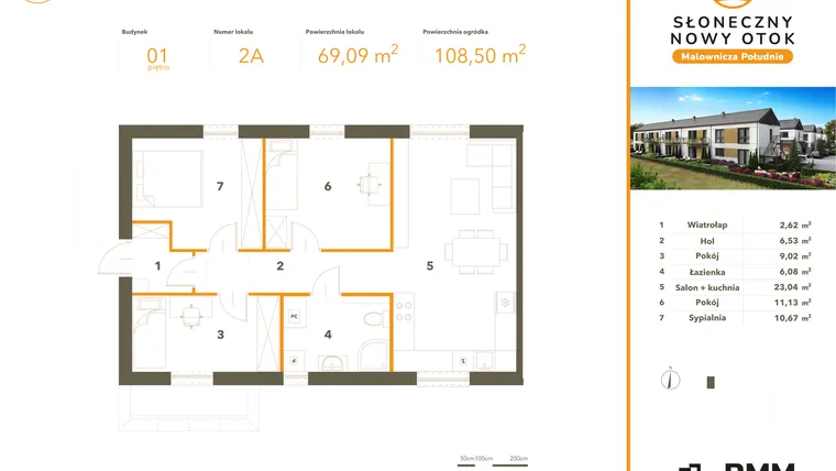 Rzut - Mieszkanie na sprzedaż 4 pokoje o powierzchni 69,09 m² - numer 2A w Słoneczny Nowy Otok - Malownicza Południe etap I