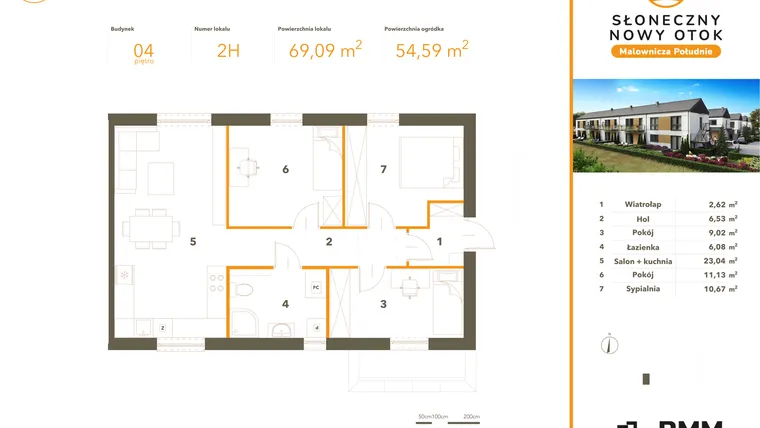 Rzut - Mieszkanie na sprzedaż 3 pokoje o powierzchni 69,09 m² - numer 2H w Słoneczny Nowy Otok - Malownicza Południe etap I
