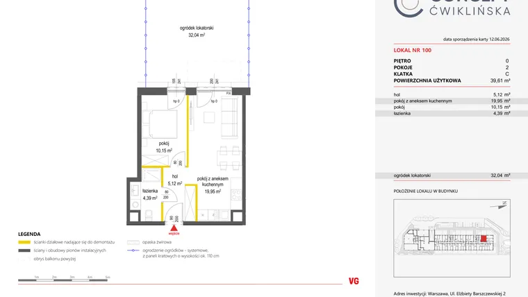 Rzut - Mieszkanie na sprzedaż 2 pokoje o powierzchni 39,61 m² - numer 100 w Concept Ćwiklińska