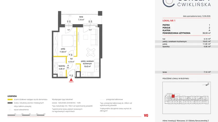 Rzut - Mieszkanie na sprzedaż 2 pokoje o powierzchni 39,93 m² - numer 1 w Concept Ćwiklińska