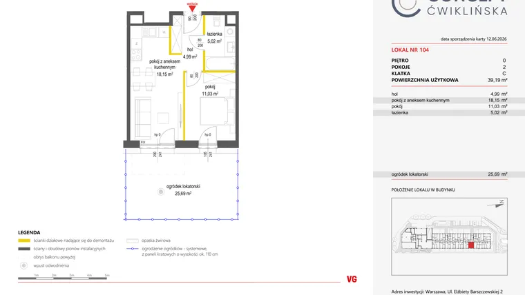 Rzut - Mieszkanie na sprzedaż 2 pokoje o powierzchni 39,19 m² - numer 104 w Concept Ćwiklińska
