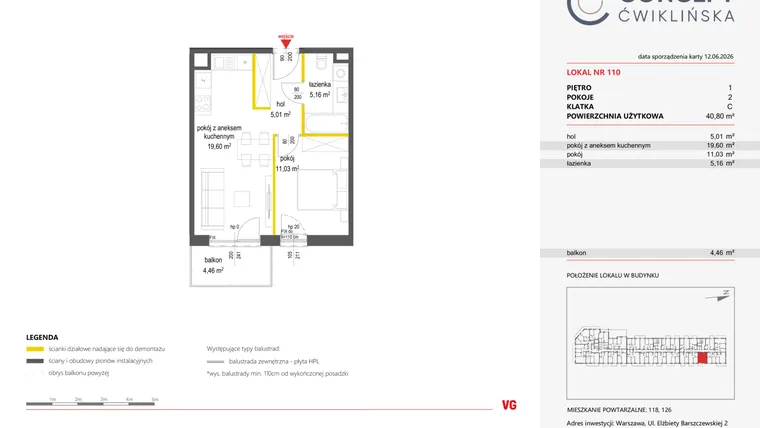 Rzut - Mieszkanie na sprzedaż 2 pokoje o powierzchni 40,8 m² - numer 110 w Concept Ćwiklińska