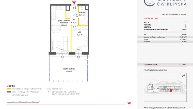 Rzut - Mieszkanie na sprzedaż 2 pokoje o powierzchni 37,94 m² - numer 105 w Concept Ćwiklińska