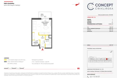 Rzut - Mieszkanie na sprzedaż 1 pokój o powierzchni 31,61 m² - numer 114 w Concept Ćwiklińska