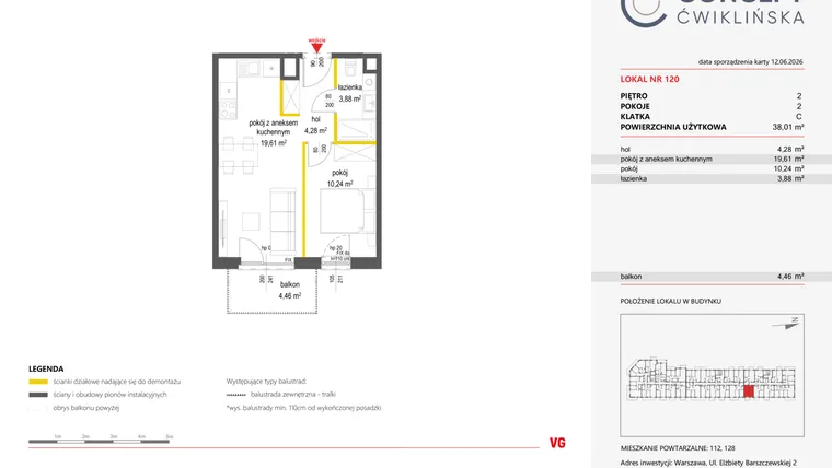 Rzut - Mieszkanie na sprzedaż 2 pokoje o powierzchni 38,03 m² - numer 120 w Concept Ćwiklińska