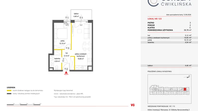 Rzut - Mieszkanie na sprzedaż 2 pokoje o powierzchni 39,76 m² - numer 123 w Concept Ćwiklińska