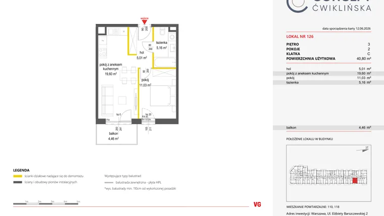 Rzut - Mieszkanie na sprzedaż 2 pokoje o powierzchni 40,8 m² - numer 126 w Concept Ćwiklińska