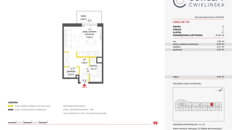 Rzut - Mieszkanie na sprzedaż 1 pokój o powierzchni 31,61 m² - numer 130 w Concept Ćwiklińska