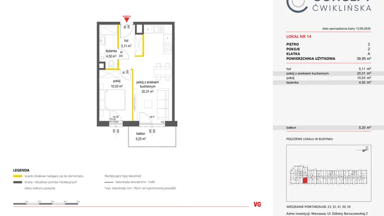 Rzut - Mieszkanie na sprzedaż 2 pokoje o powierzchni 39,95 m² - numer 14 w Concept Ćwiklińska