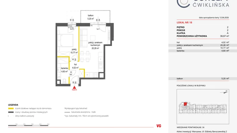 Rzut - Mieszkanie na sprzedaż 2 pokoje o powierzchni 39,67 m² - numer 18 w Concept Ćwiklińska
