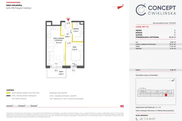 Rzut - Mieszkanie na sprzedaż 2 pokoje o powierzchni 39,33 m² - numer 119 w Concept Ćwiklińska