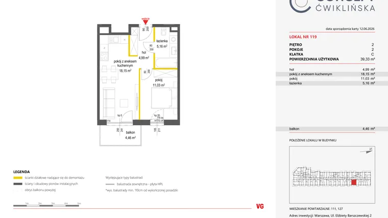 Rzut - Mieszkanie na sprzedaż 2 pokoje o powierzchni 39,33 m² - numer 119 w Concept Ćwiklińska