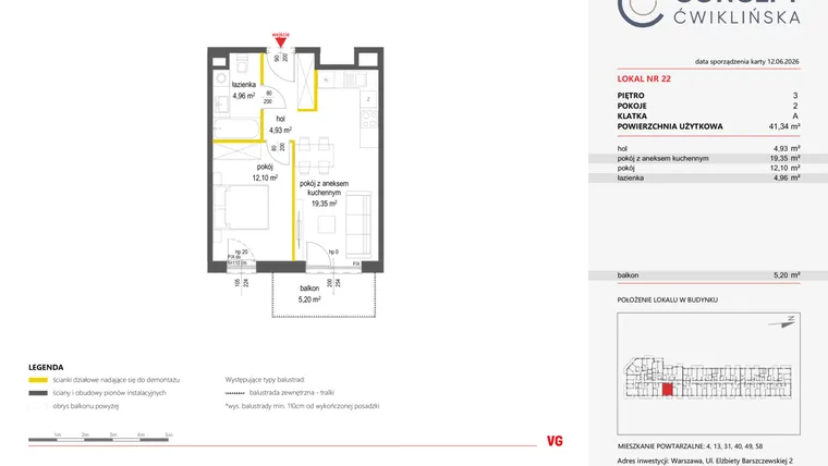 Rzut - Mieszkanie na sprzedaż 2 pokoje o powierzchni 41,34 m² - numer 22 w Concept Ćwiklińska