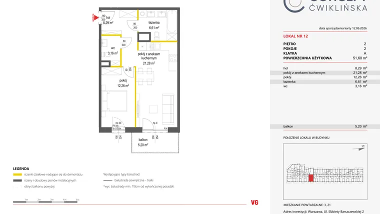 Rzut - Mieszkanie na sprzedaż 2 pokoje o powierzchni 51,6 m² - numer 12 w Concept Ćwiklińska