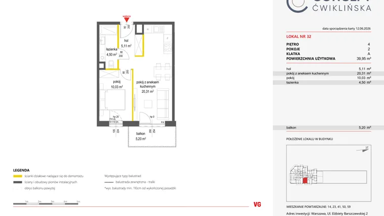 Rzut - Mieszkanie na sprzedaż 2 pokoje o powierzchni 39,95 m² - numer 32 w Concept Ćwiklińska