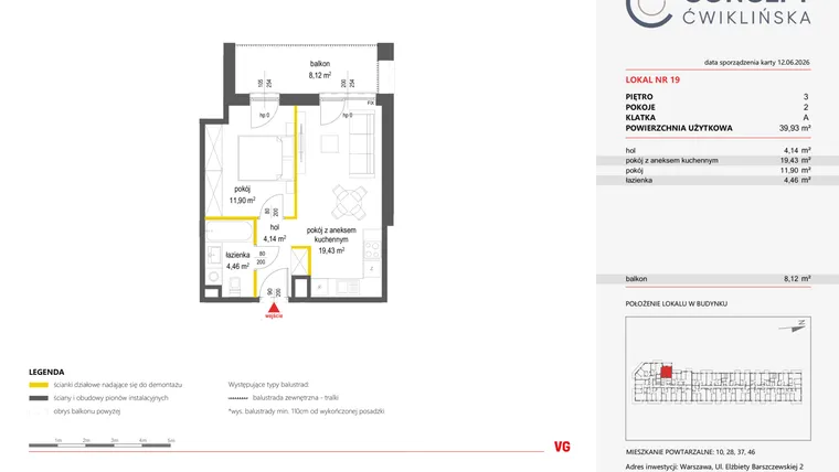 Rzut - Mieszkanie na sprzedaż 2 pokoje o powierzchni 39,93 m² - numer 19 w Concept Ćwiklińska