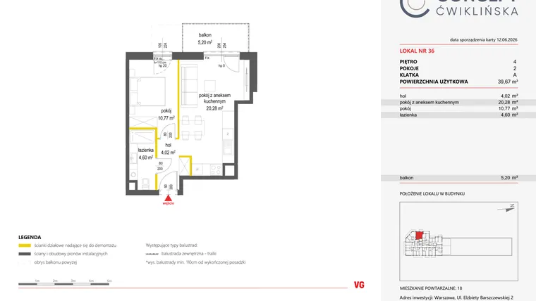 Rzut - Mieszkanie na sprzedaż 2 pokoje o powierzchni 39,67 m² - numer 36 w Concept Ćwiklińska