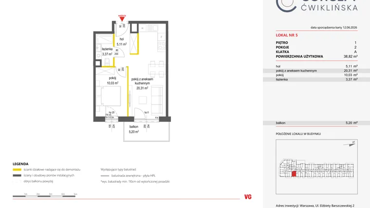 Rzut - Mieszkanie na sprzedaż 2 pokoje o powierzchni 38,82 m² - numer 5 w Concept Ćwiklińska