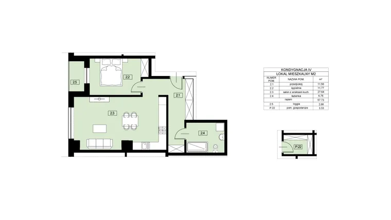 Rzut - Mieszkanie na sprzedaż 2 pokoje o powierzchni 57,73 m² - numer M2 w Nowy Świat 22