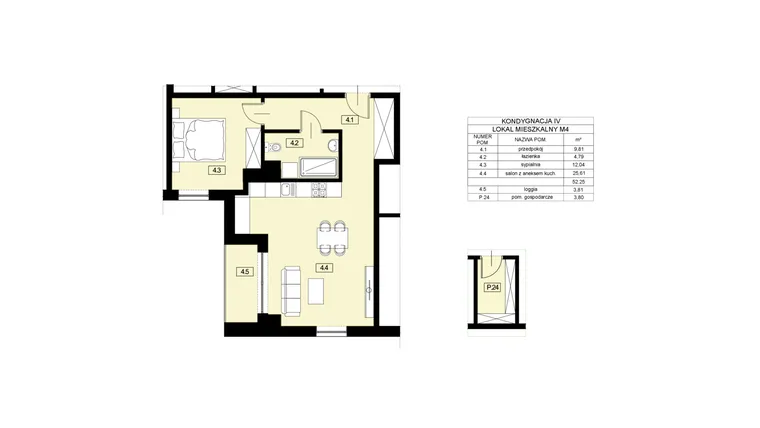 Rzut - Mieszkanie na sprzedaż 2 pokoje o powierzchni 52,25 m² - numer M4 w Nowy Świat 22