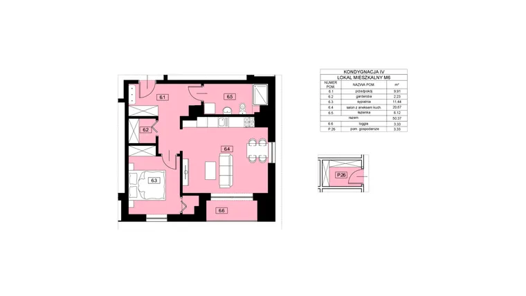 Rzut - Mieszkanie na sprzedaż 2 pokoje o powierzchni 50,37 m² - numer M6 w Nowy Świat 22