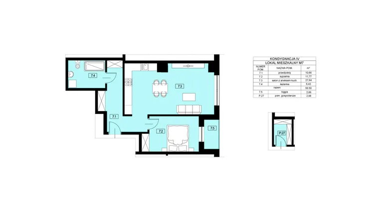 Rzut - Mieszkanie na sprzedaż 2 pokoje o powierzchni 56,5 m² - numer M7 w Nowy Świat 22