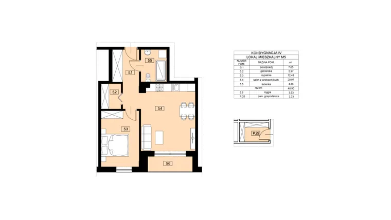Rzut - Mieszkanie na sprzedaż 2 pokoje o powierzchni 48,9 m² - numer M5 w Nowy Świat 22