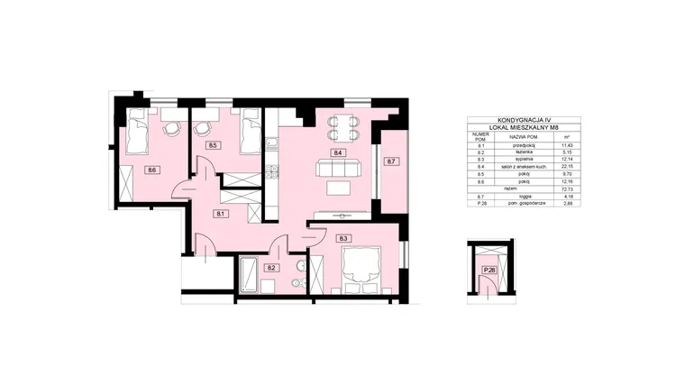 Rzut - Mieszkanie na sprzedaż 4 pokoje o powierzchni 72,73 m² - numer M8 w Nowy Świat 22