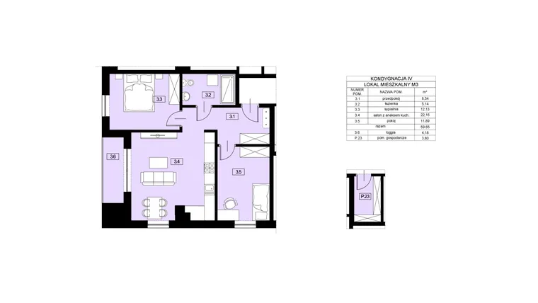 Rzut - Mieszkanie na sprzedaż 3 pokoje o powierzchni 59,65 m² - numer M3 w Nowy Świat 22