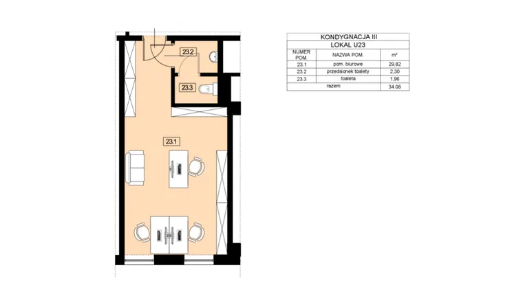 Rzut - Lokal użytkowy na sprzedaż 1 pokój o powierzchni 34,08 m² - numer U23 w Nowy Świat 22