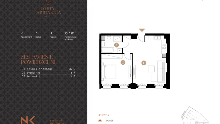 Rzut - Mieszkanie na sprzedaż 2 pokoje o powierzchni 55,2 m² - numer 2 w Lofty Farbiarnia
