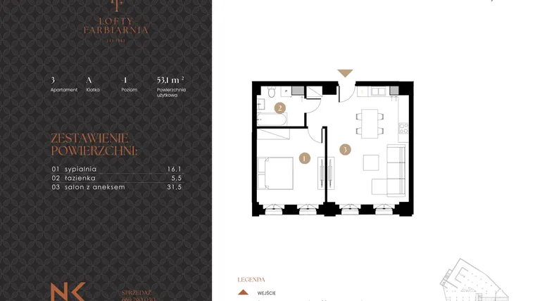 Rzut - Mieszkanie na sprzedaż 2 pokoje o powierzchni 53,1 m² - numer 3 w Lofty Farbiarnia
