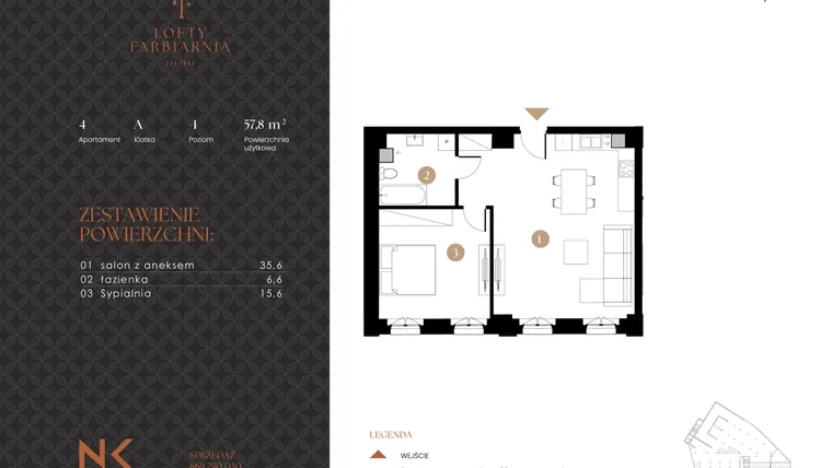 Rzut - Mieszkanie na sprzedaż 2 pokoje o powierzchni 57,8 m² - numer 4 w Lofty Farbiarnia