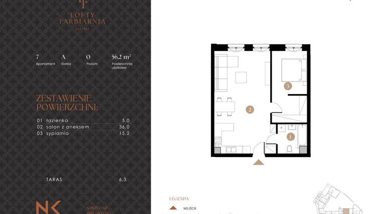Rzut - Mieszkanie na sprzedaż 2 pokoje o powierzchni 56,2 m² - numer 7 w Lofty Farbiarnia