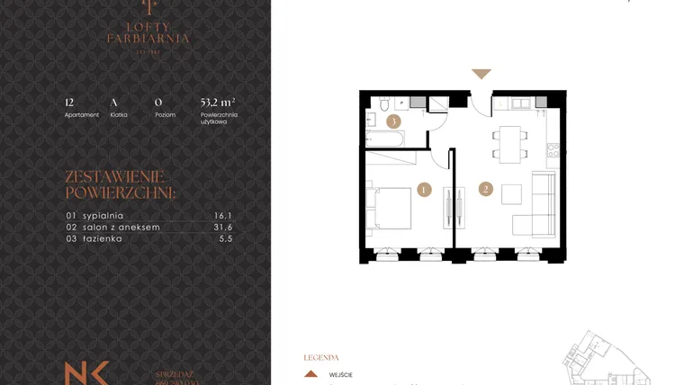 Rzut - Mieszkanie na sprzedaż 2 pokoje o powierzchni 53,2 m² - numer 12 w Lofty Farbiarnia